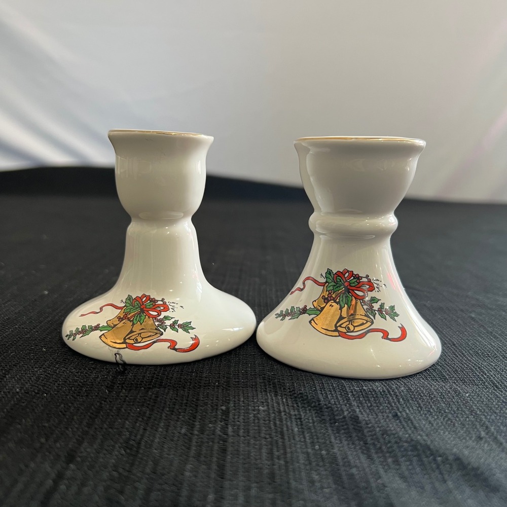 Vntg Christmas Bells Ceramic Taper Candlestick Holders Set of 2 White Gold Rim